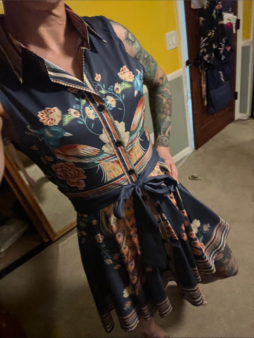 CBR Navy Floral & Bird Print Tie-Waist Mini Dress